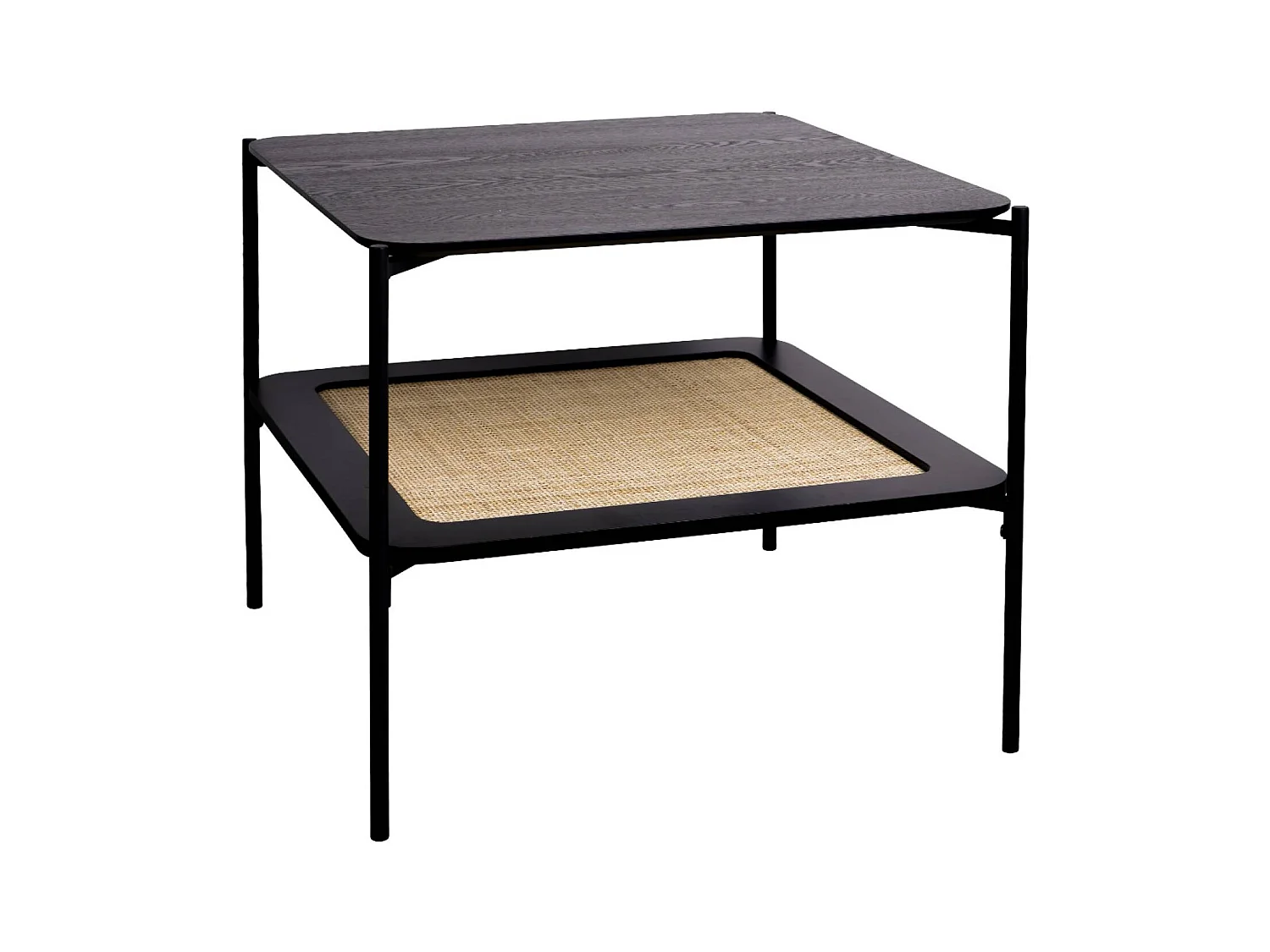 Table basse carrée coloris noir vintage double plateaux effet bois et cannage. piètement et structure en métal noir