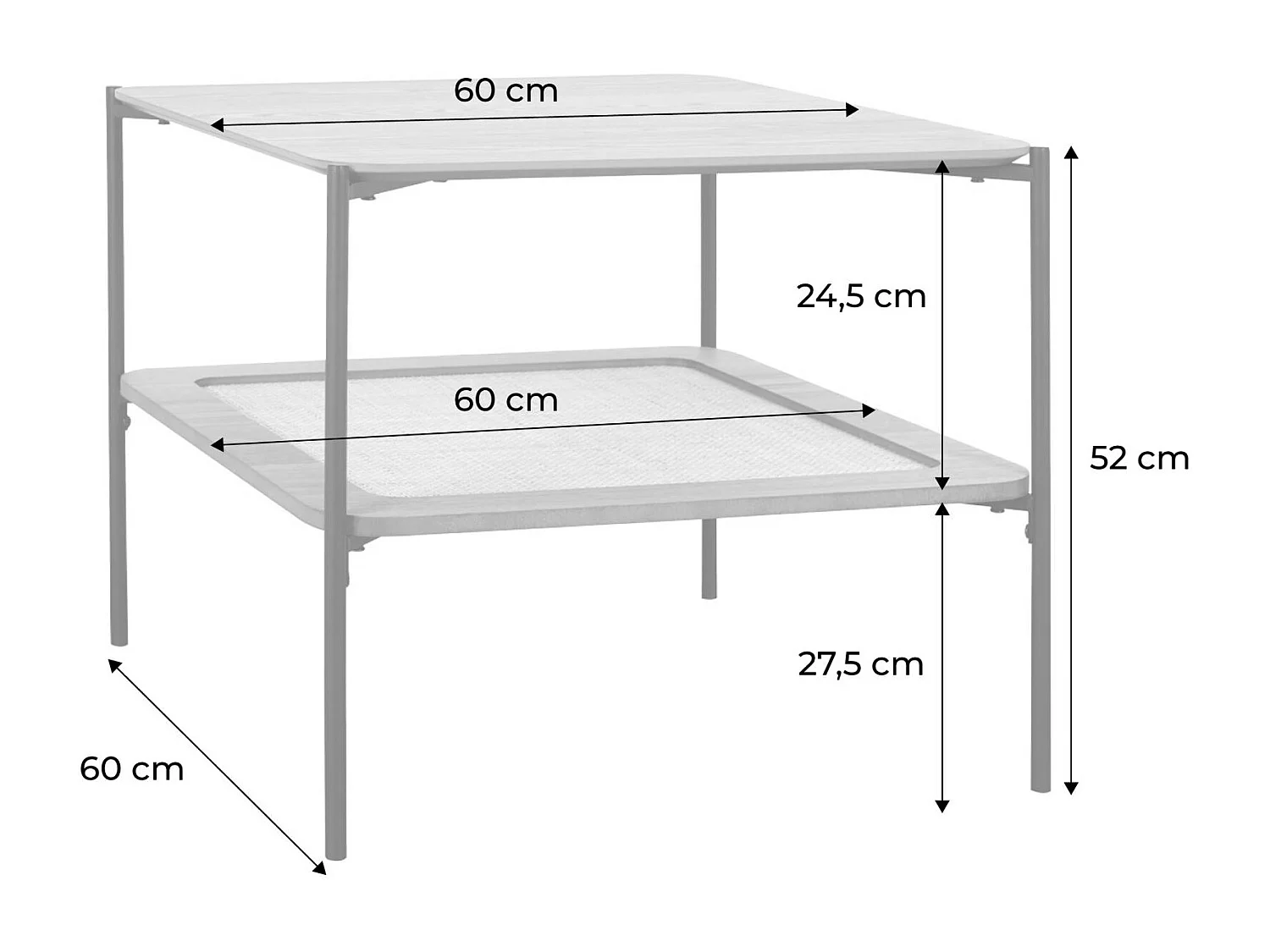 Table basse carrée coloris noir vintage double plateaux décor bois et cannage. piètement et structure en métal noir