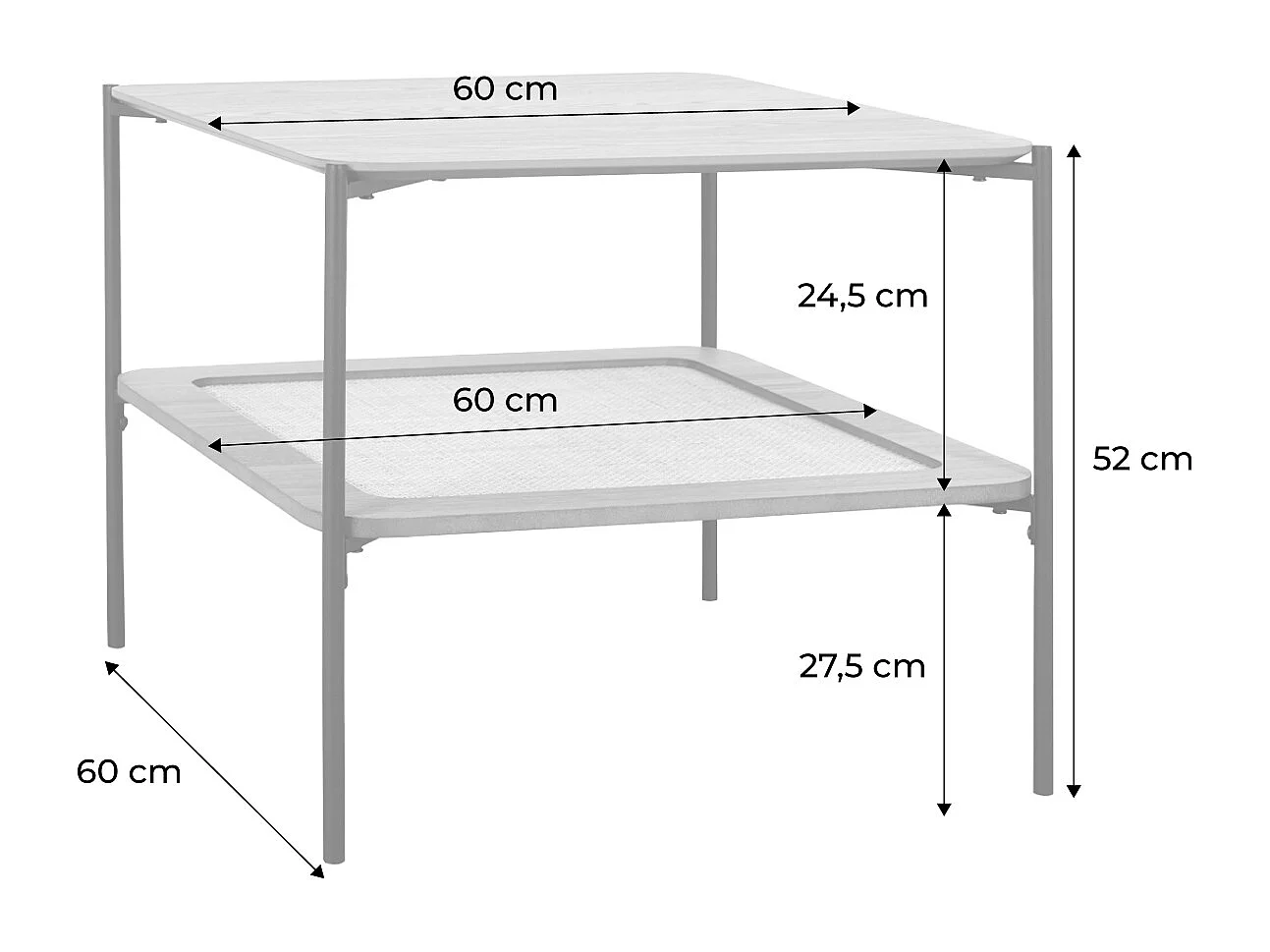 Table basse carrée coloris noir vintage double plateaux décor bois et cannage. piètement et structure en métal noir
