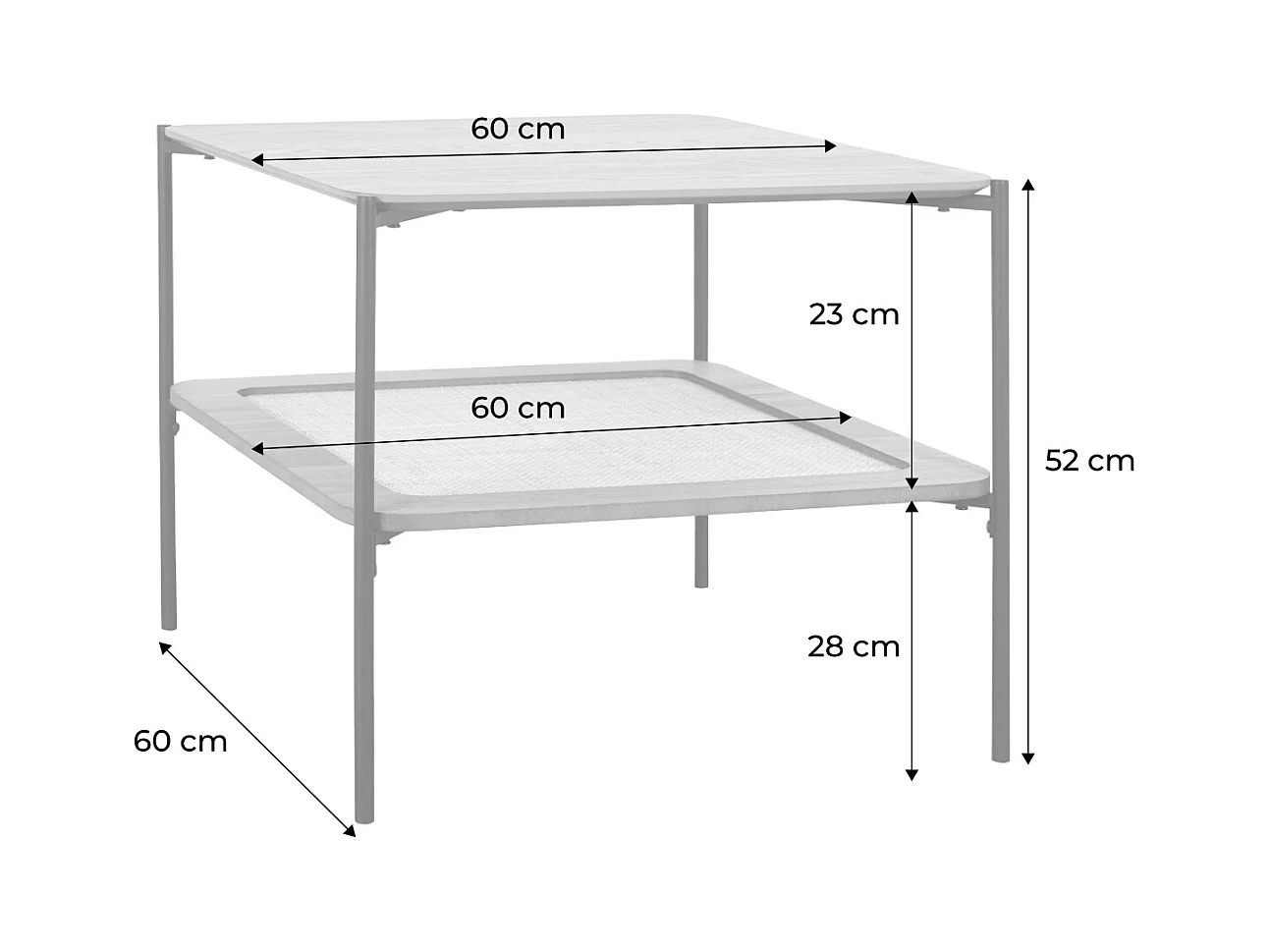 Mesa de centro cuadrada con tablero doble efecto madera y caña natural