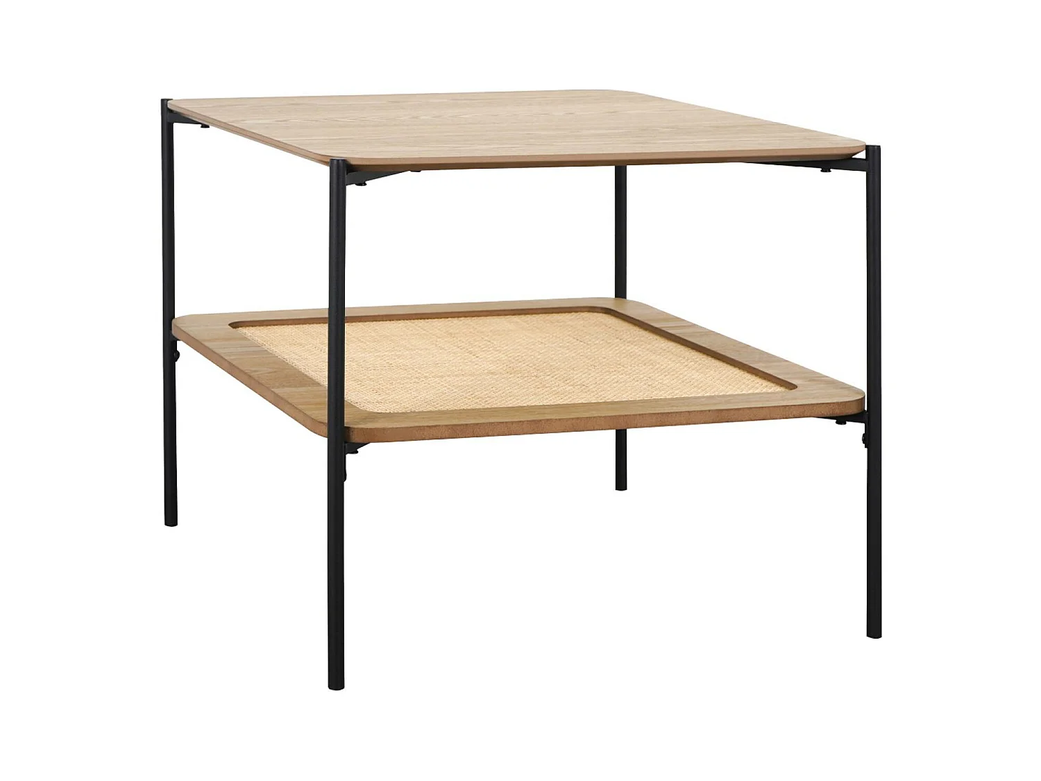 Table basse carrée coloris naturel vintage double plateaux effet bois et cannage. piètement et structure en métal noir