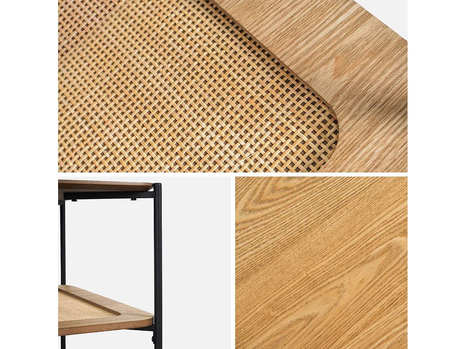 Mesa de centro cuadrada con tablero doble efecto madera y caña natural