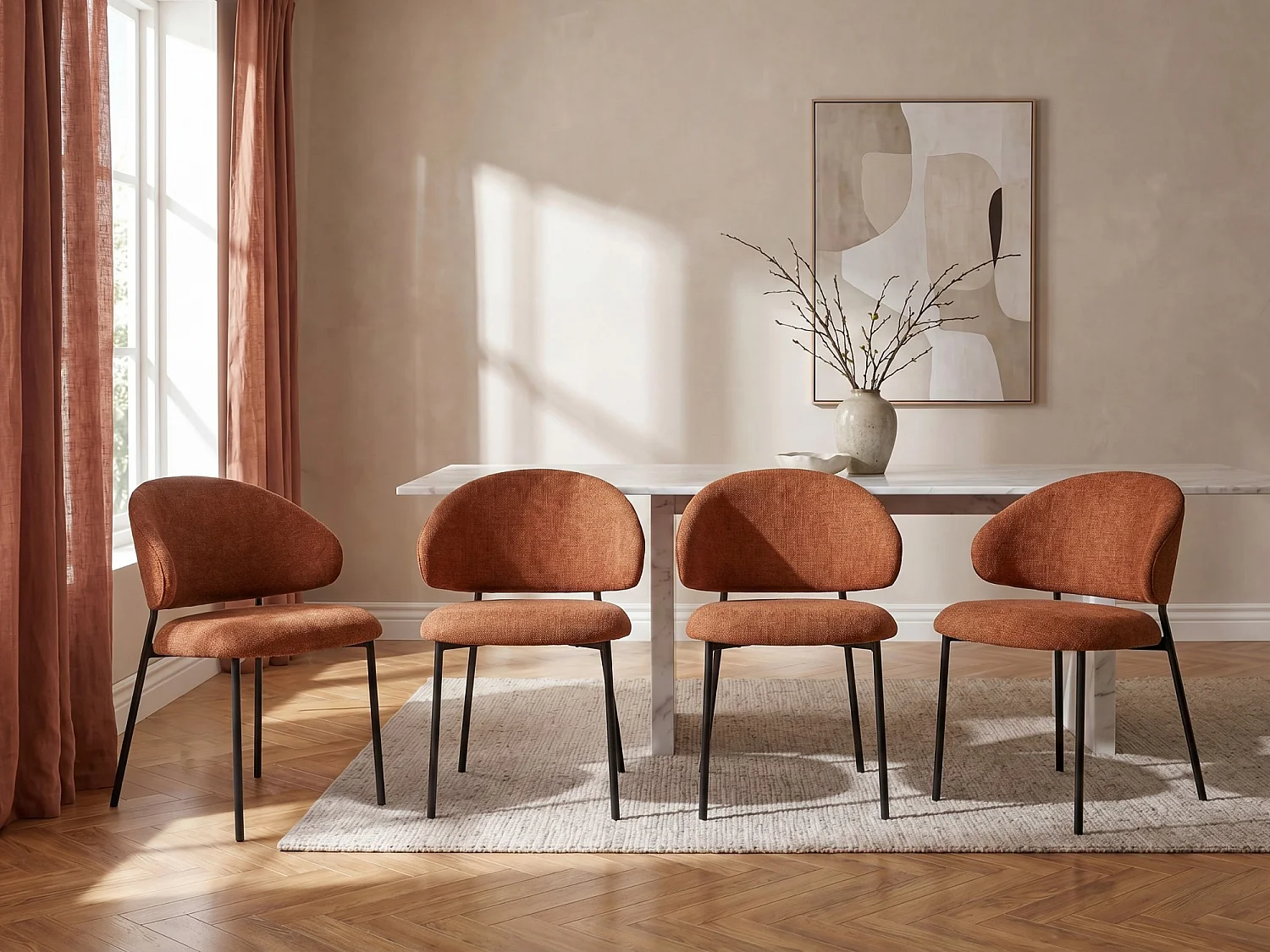 Set med 4 stolar terrakotta texturerat tyg och svart metall VOSINIA