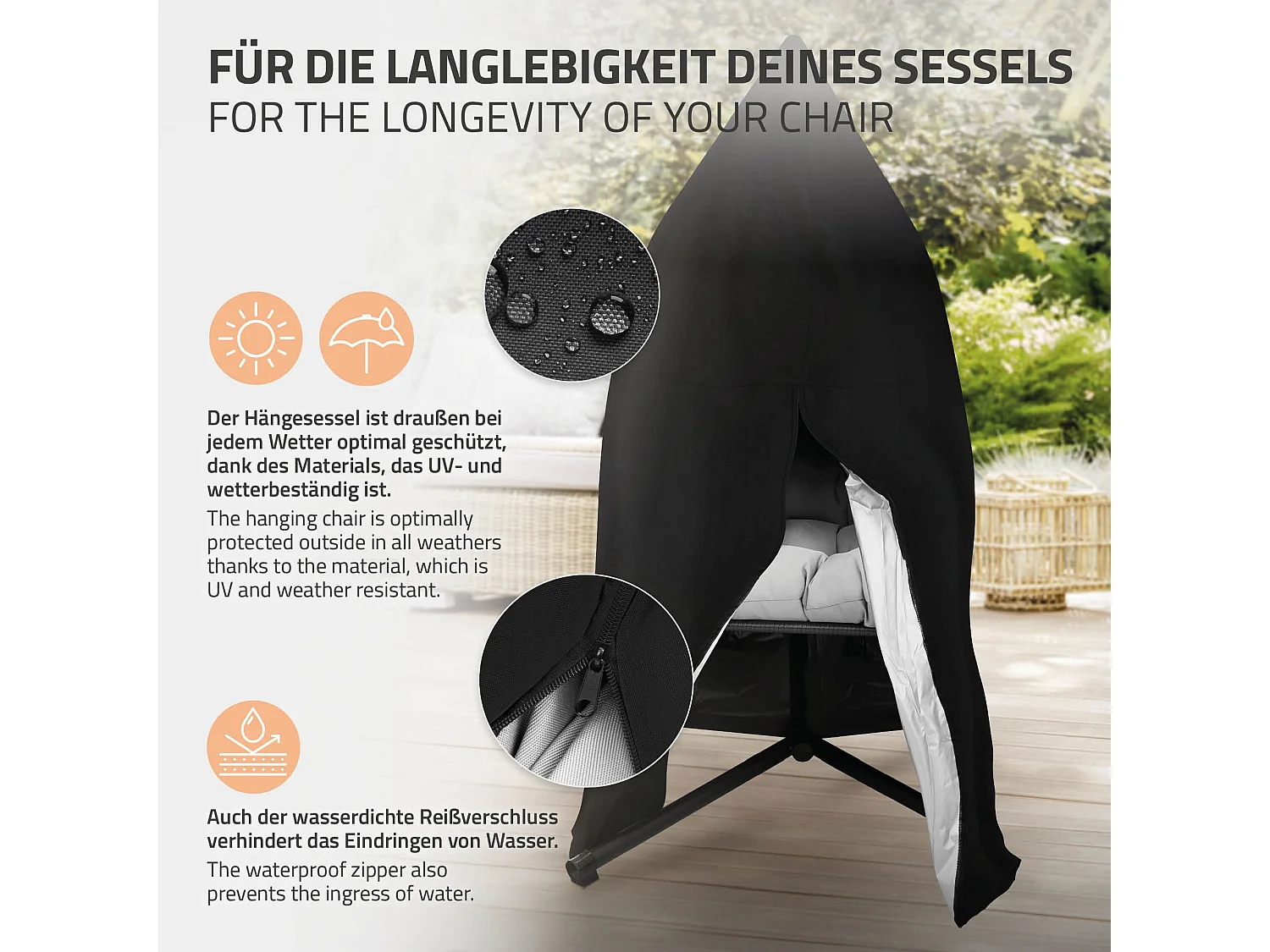 Funda protectora para silla colgante impermeable negra con cremallera y cordón