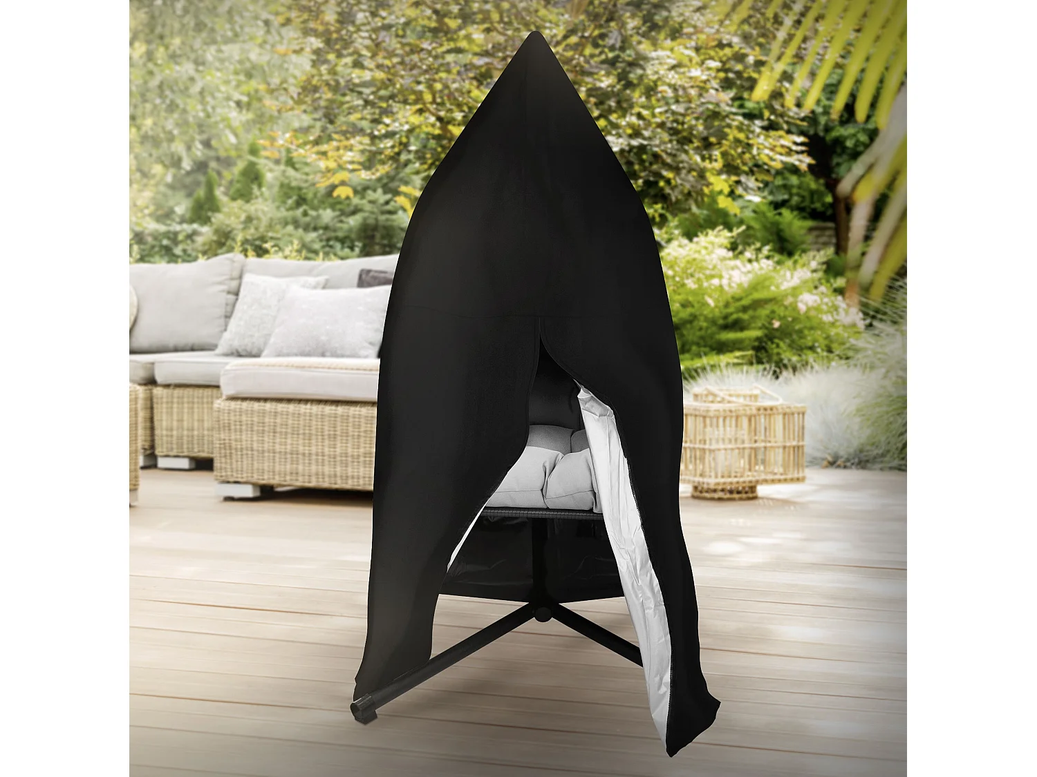 Funda protectora para silla colgante impermeable negra con cremallera y cordón