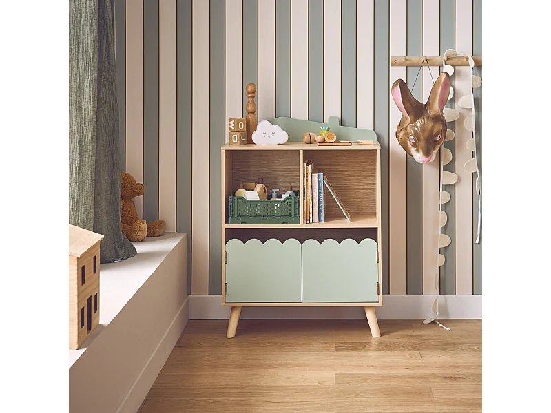 Librería infantil de 2 estantes y 2 puertas verde