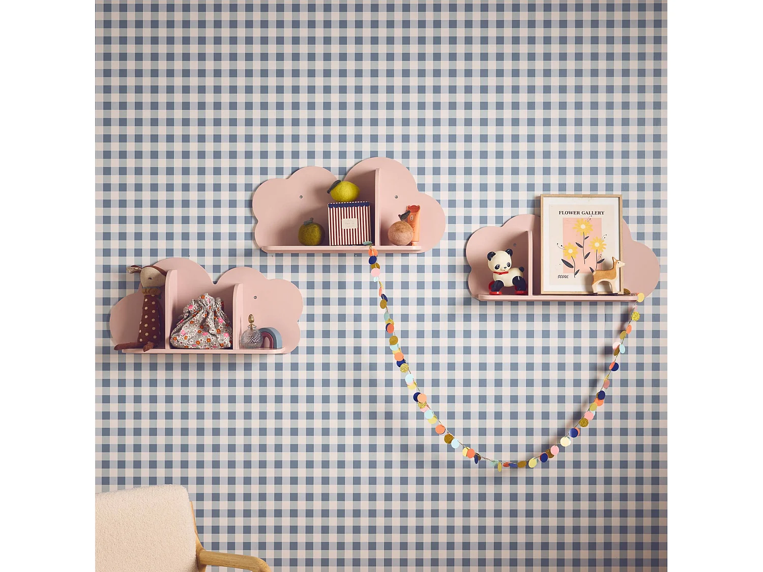 Mensole da parete nuvole per la cameretta dei bambini, set di 3, rosa