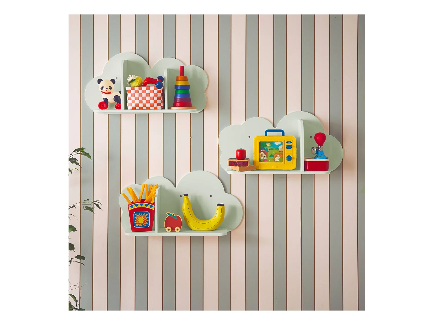 Mensole da parete nuvole per la cameretta dei bambini, set di 3, verde