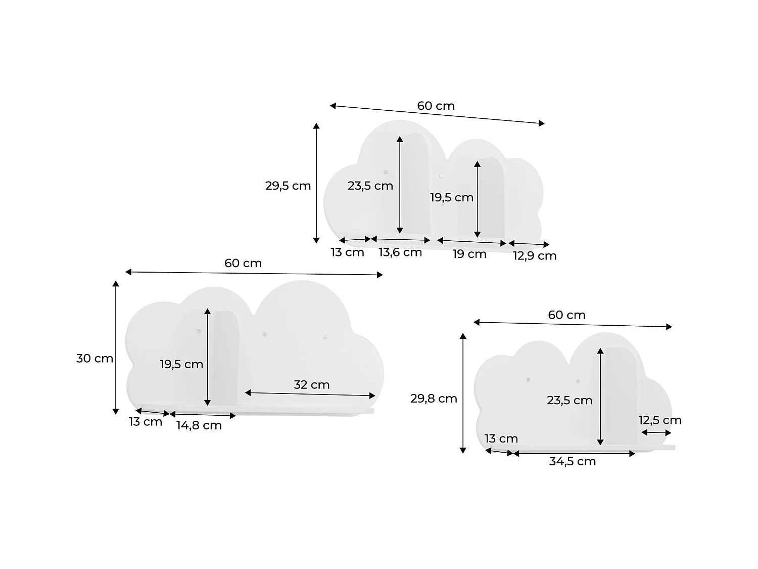 Mensole da parete nuvole per la cameretta dei bambini, set di 3,