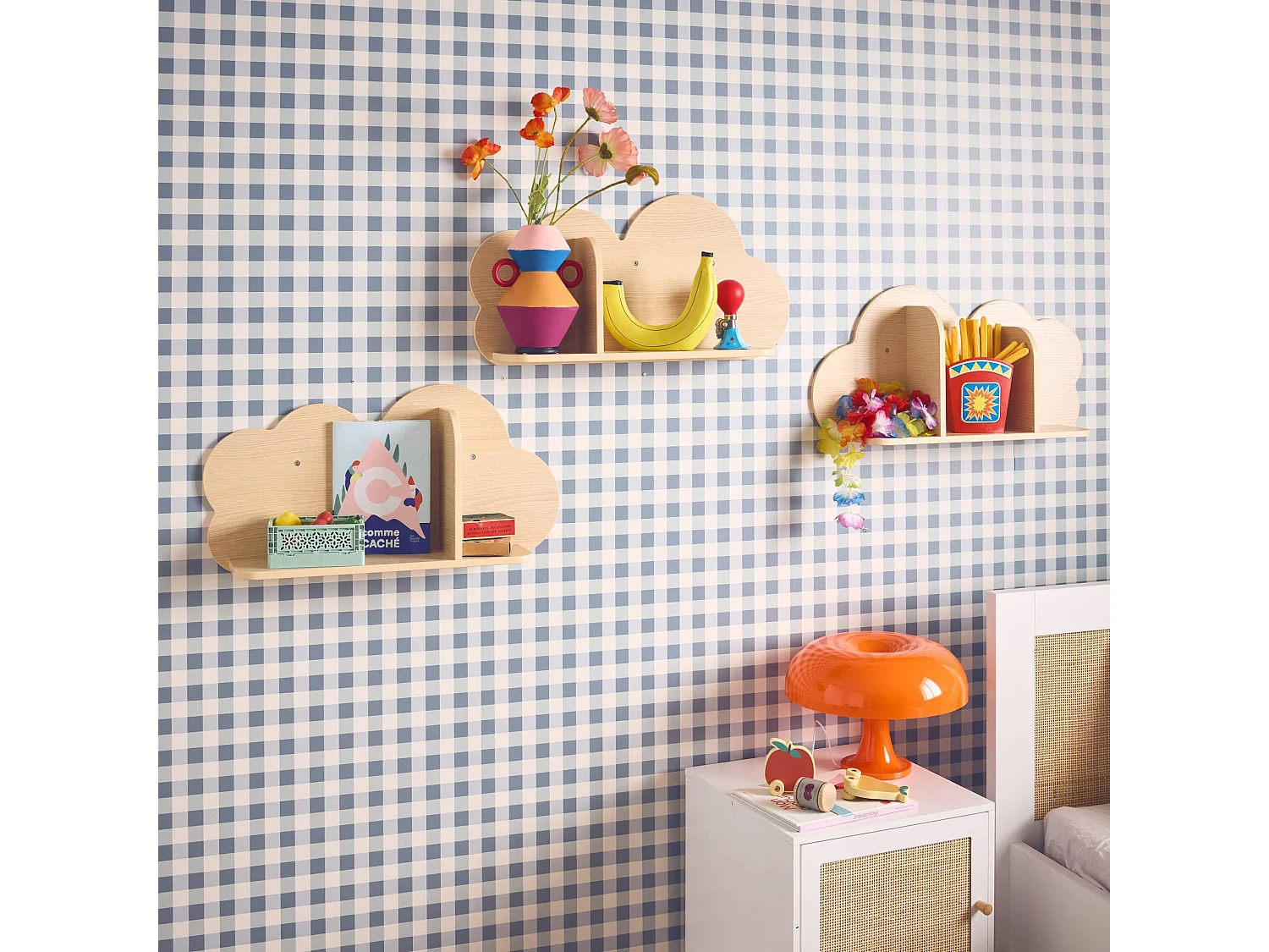 Estantería de pared nube para dormitorio infantil, set de 3 natural