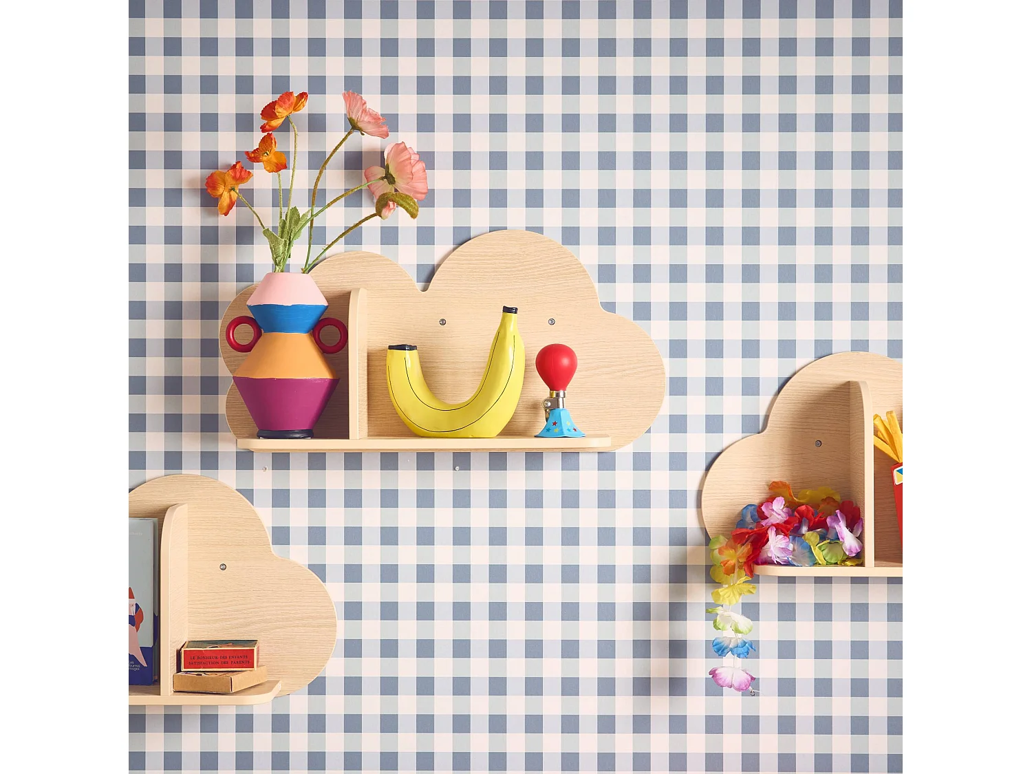Estantería de pared nube para dormitorio infantil, set de 3 natural