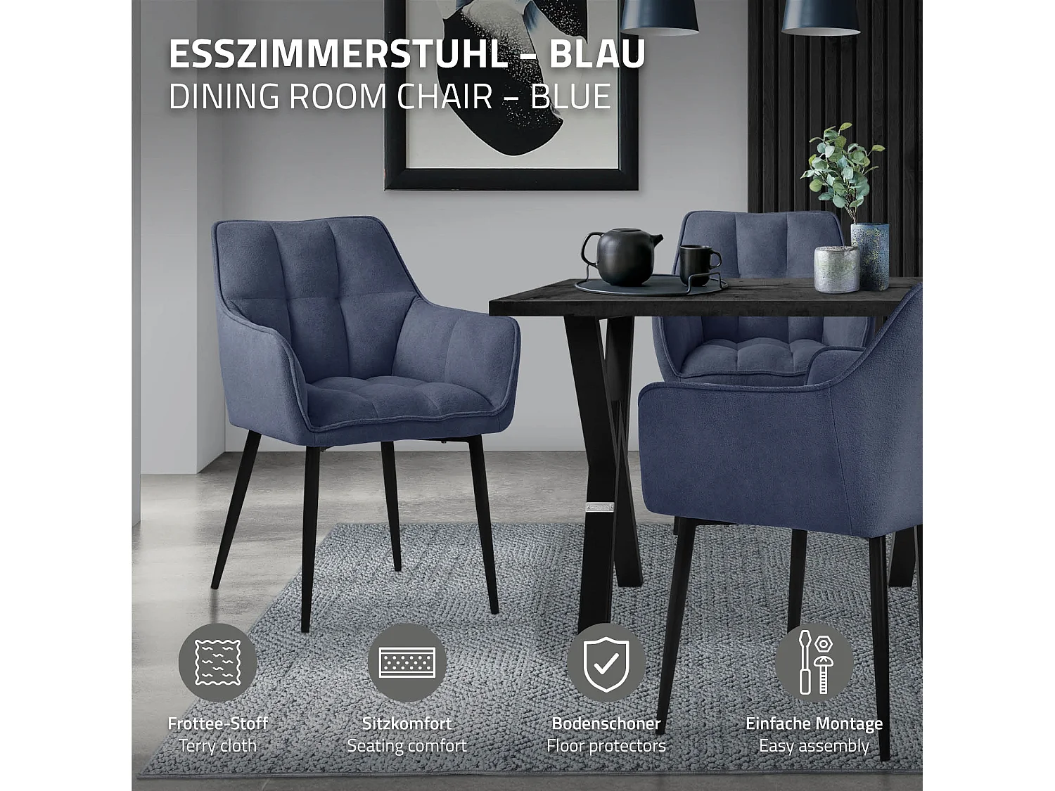 Lot de 6 chaises de salle à manger pétrole dossier et accoudoirs ergonomiques assise rembourrée en tissu éponge piètement en métal design moderne