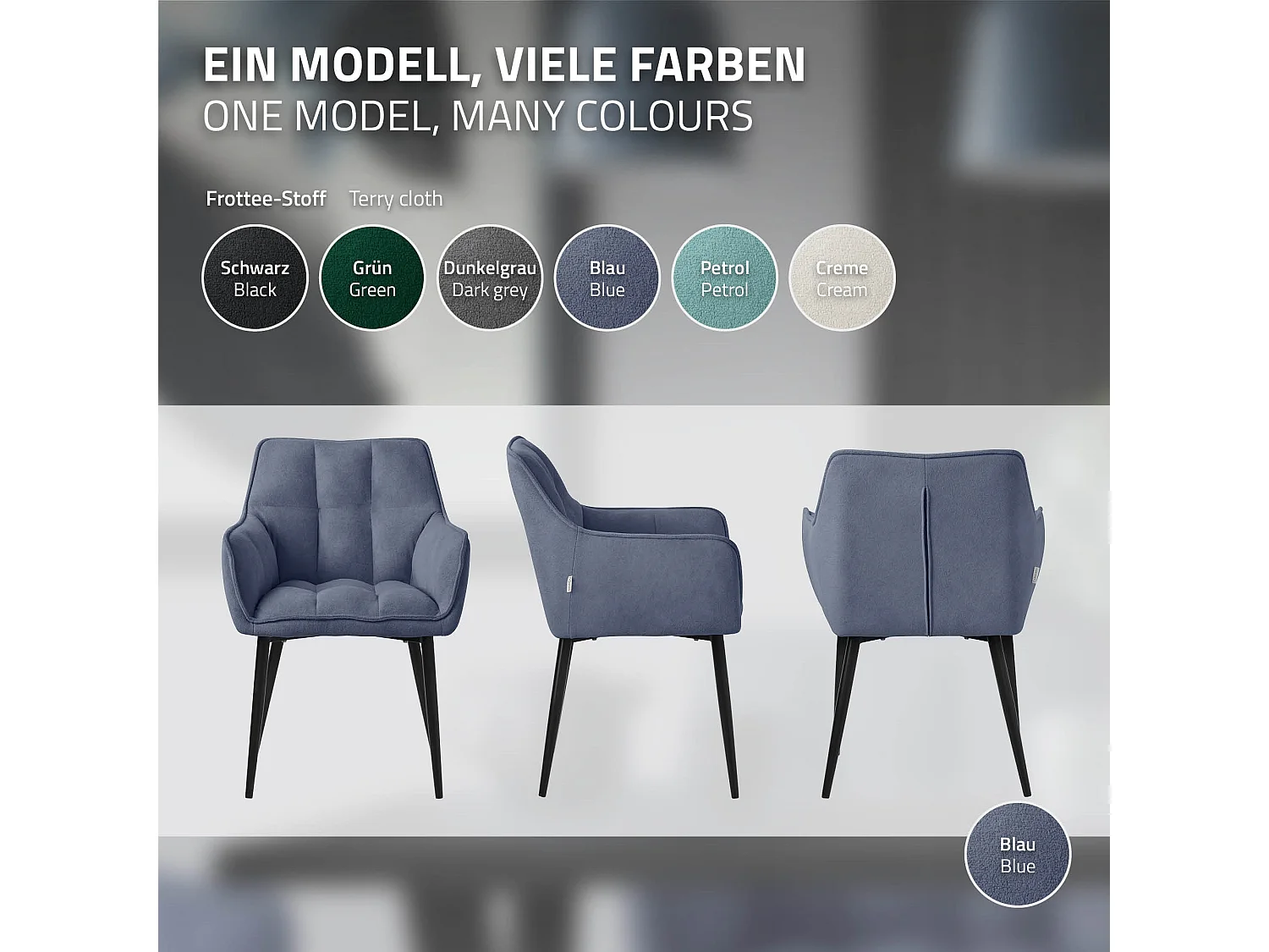 Lot de 6 chaises de salle à manger pétrole dossier et accoudoirs ergonomiques assise rembourrée en tissu éponge piètement en métal design moderne