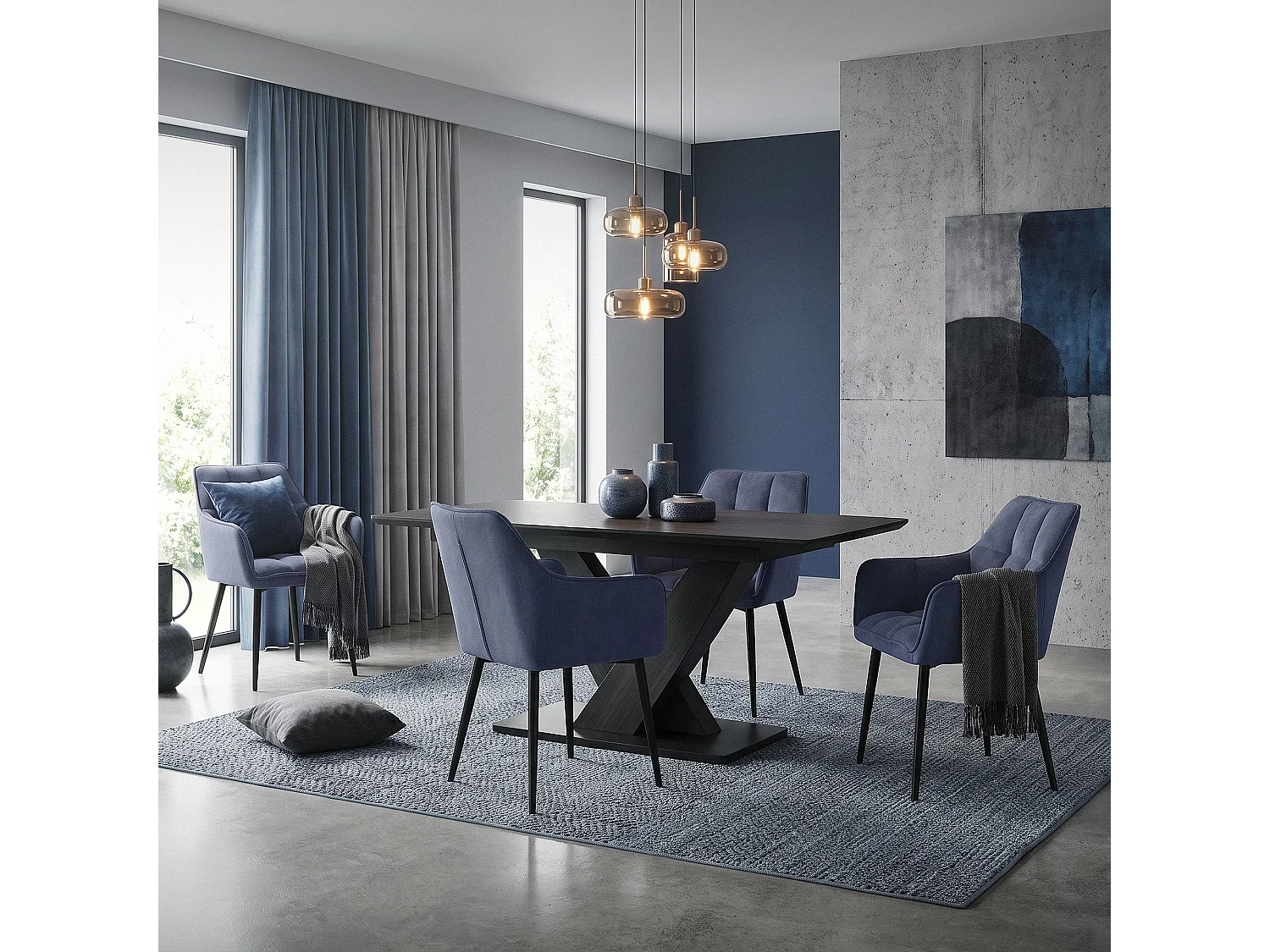 Lot de 6 chaises de salle à manger pétrole dossier et accoudoirs ergonomiques assise rembourrée en tissu éponge piètement en métal design moderne