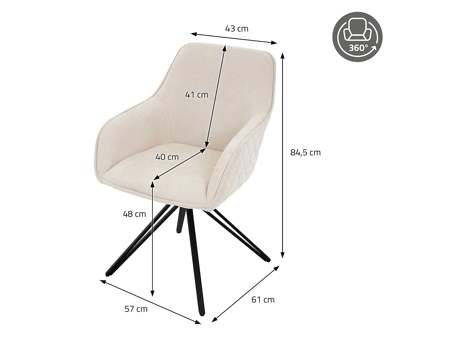 Lot de 6 chaises de salle à manger crème pivotante avec dossier et accoudoirs ergonomiques revêtement en textile tissé piètement noir en métal