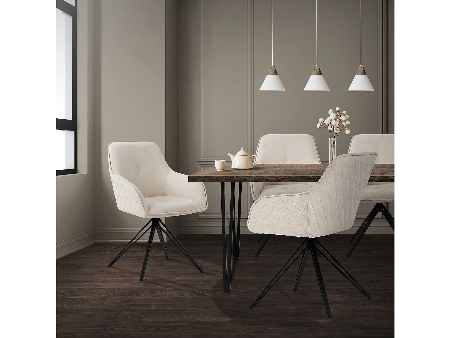 ML-Design 2x Sillas de comedor sillón giratoria color crema tapizado de tela tejida, asiento de cocina con respaldo y reposabrazos mueble ergonómico