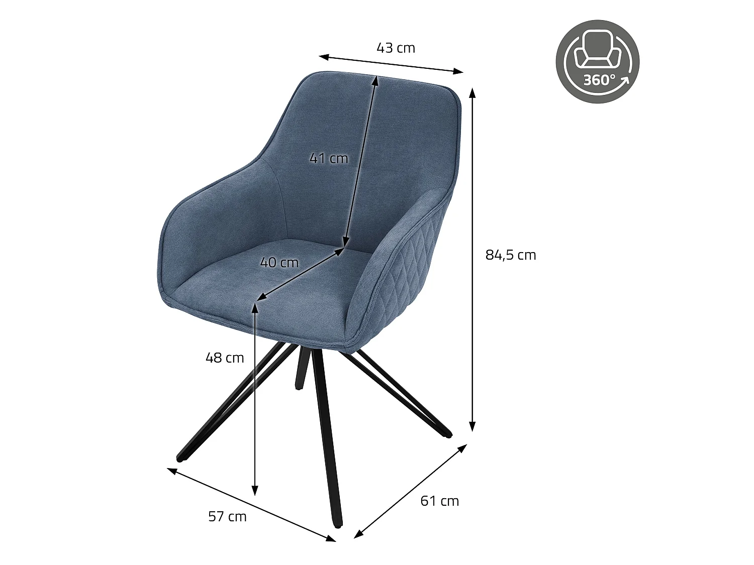 ML-Design 2x Sillas de comedor giratoria color azul sillón tapizado de tela tejida asiento de cocina con respaldo y reposabrazos mueble ergonómico