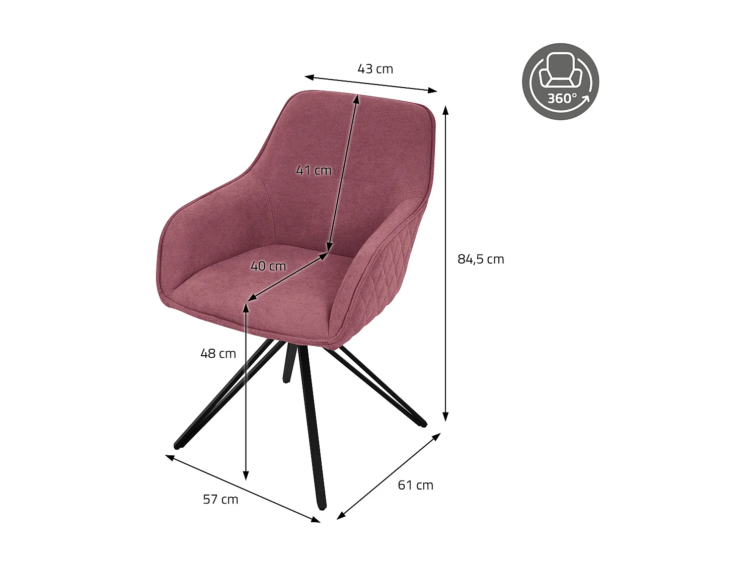 ML-Design Chaise de salle à manger pivotante 4er Set Textil Webstoff rosa, Chaise de salon avec accoudoirs/dossier, 360° chaise pivotante