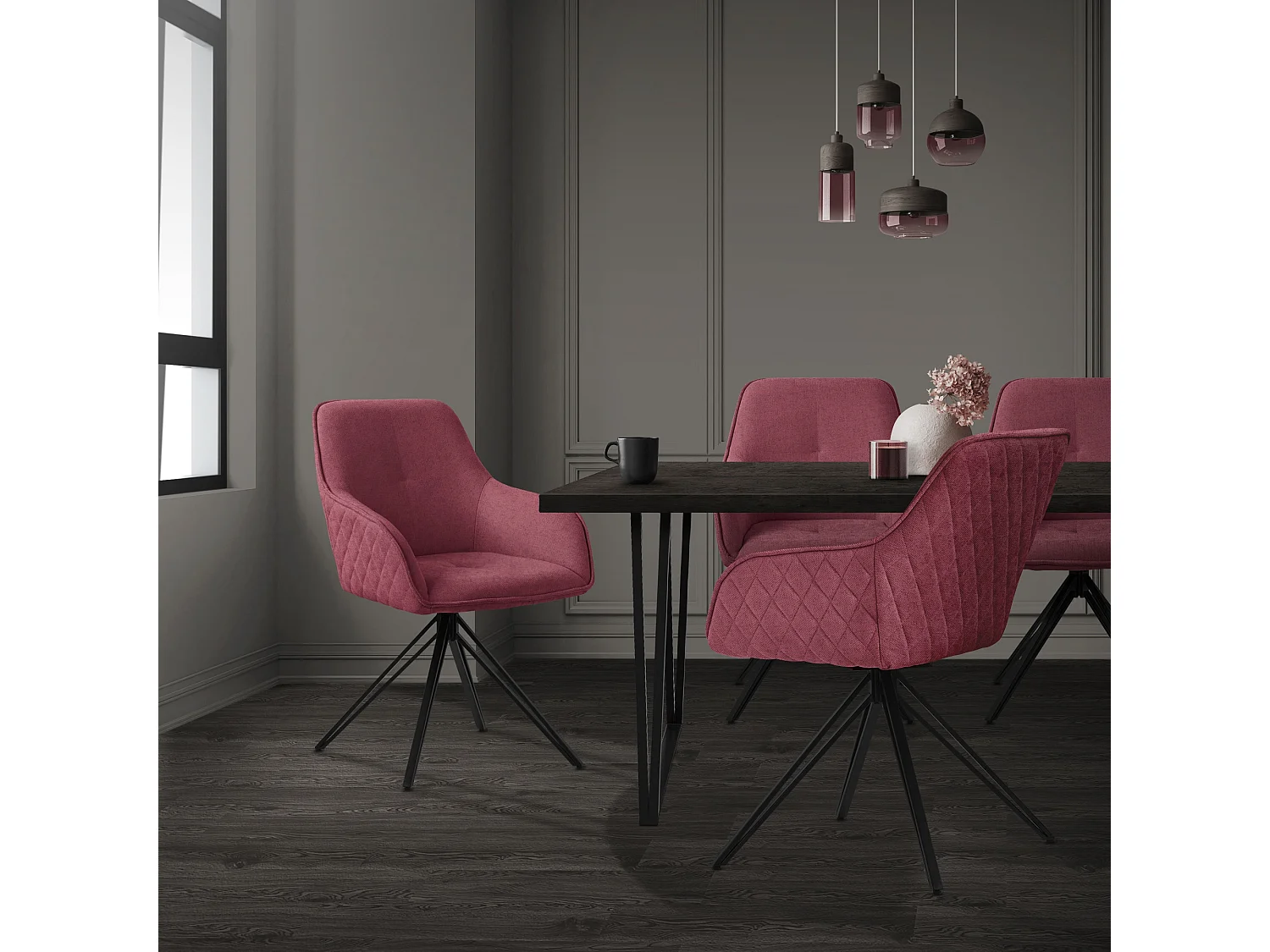 ML-Design Chaise de salle à manger pivotante 2er Set Textile Tissu rose, Chaise de salon avec accoudoirs/dossier, chaise pivotante 360°