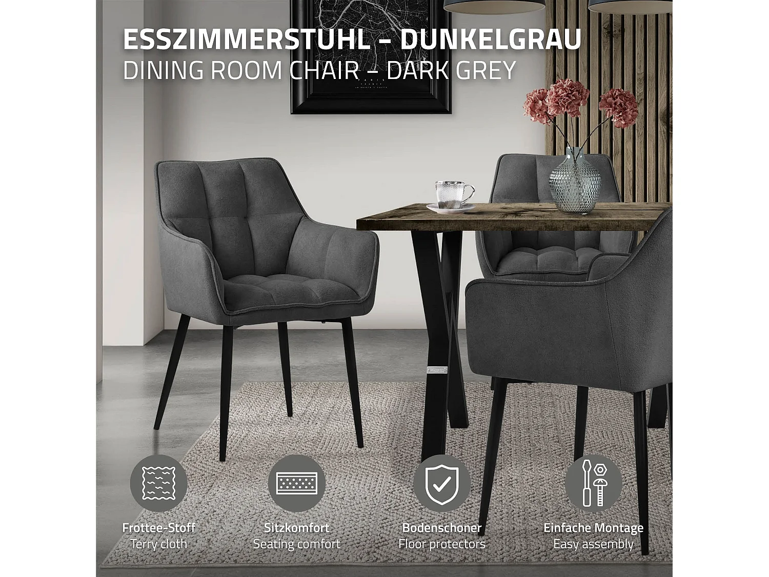 Lot de 6 chaises de salle à manger vert foncé dossier et accoudoirs ergonomiques assise rembourrée en tissu éponge piètement en métal design moderne