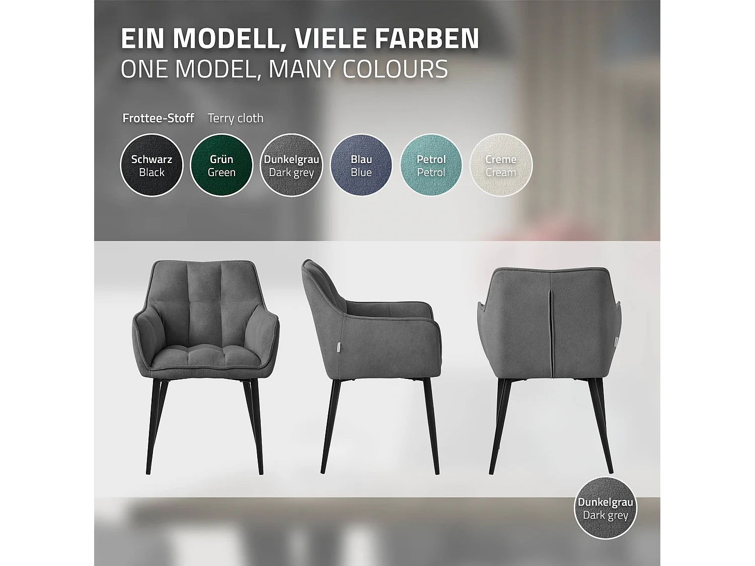 Lot de 6 chaises de salle à manger vert foncé dossier et accoudoirs ergonomiques assise rembourrée en tissu éponge piètement en métal design moderne