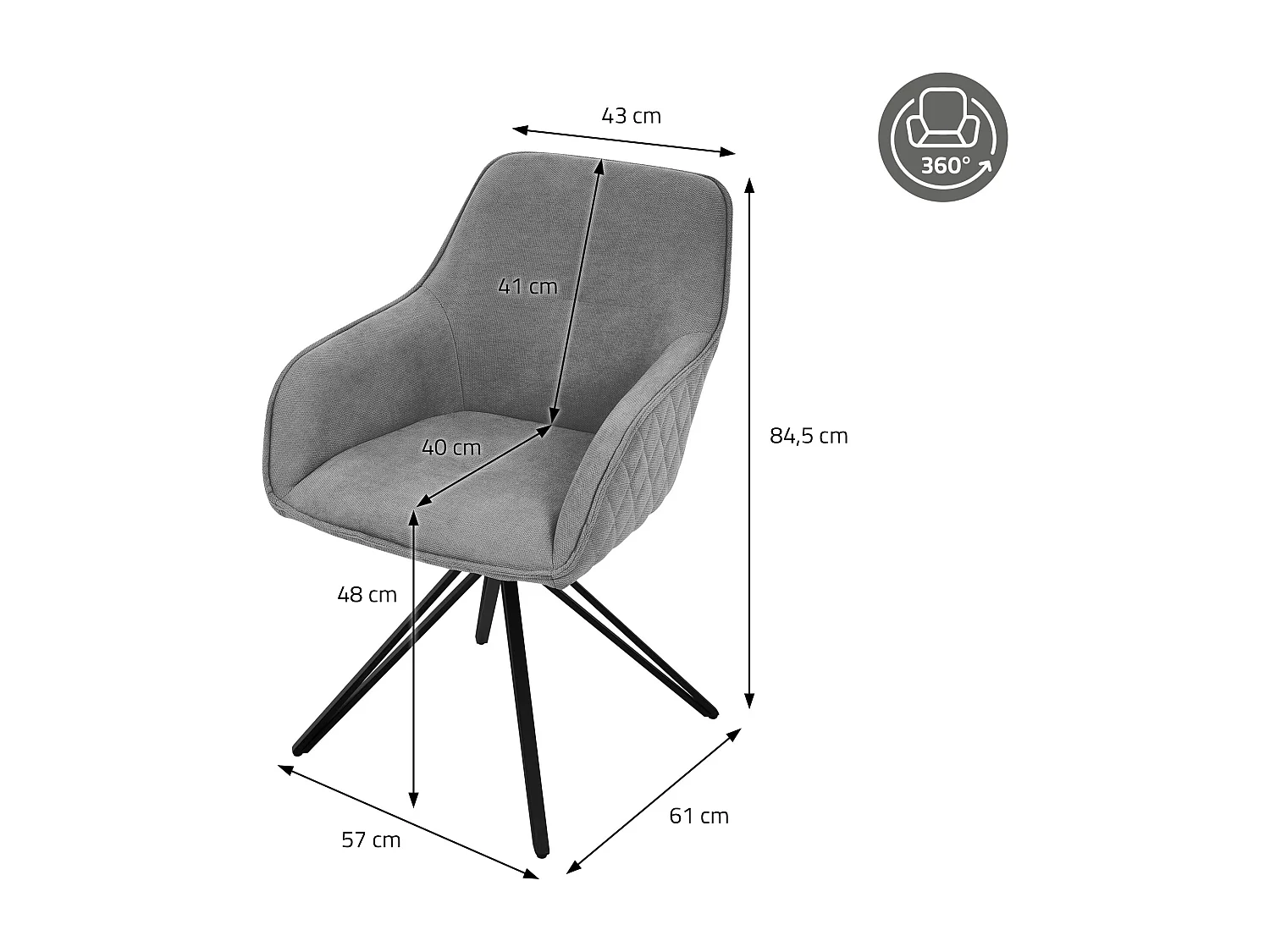 Sillas de comedor giratorio gris tela tejida asiento ergonómico y patas metal