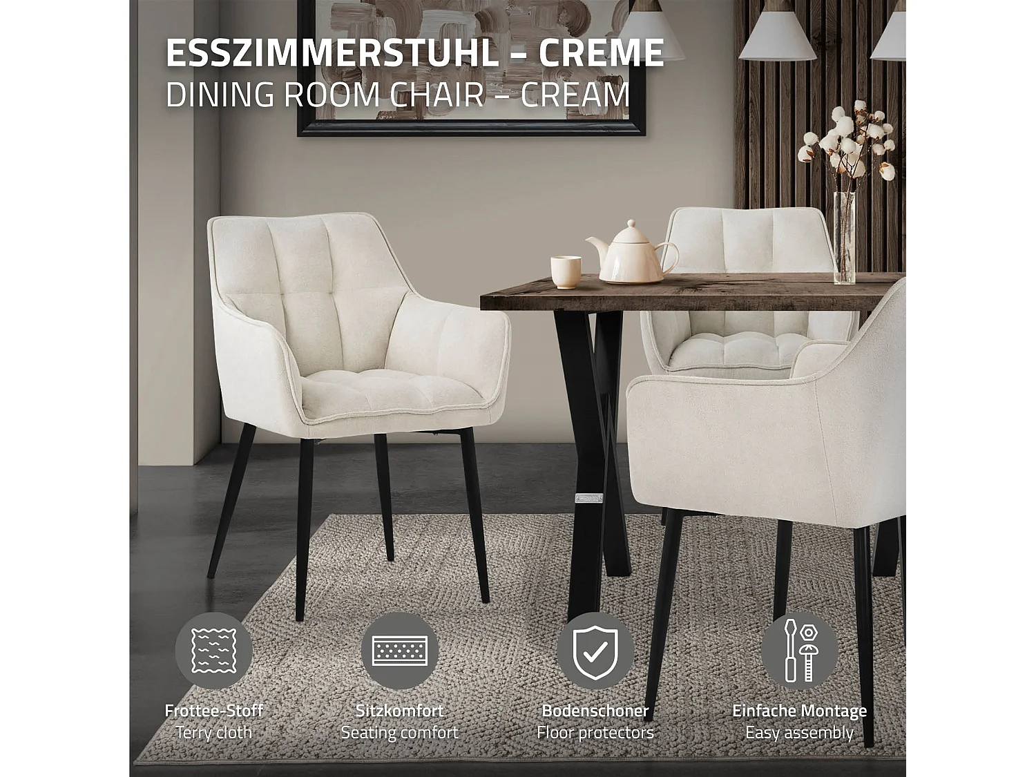 Lot de 4 chaises de salle à manger pétrole dossier et accoudoirs ergonomiques assise rembourrée en tissu éponge piètement en métal design moderne