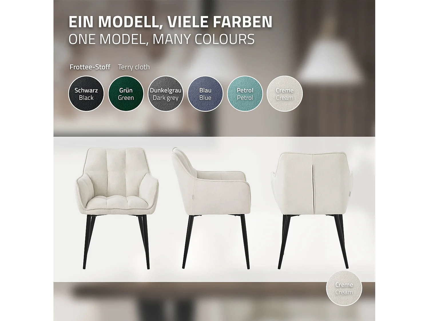 Lot de 4 chaises de salle à manger pétrole dossier et accoudoirs ergonomiques assise rembourrée en tissu éponge piètement en métal design moderne
