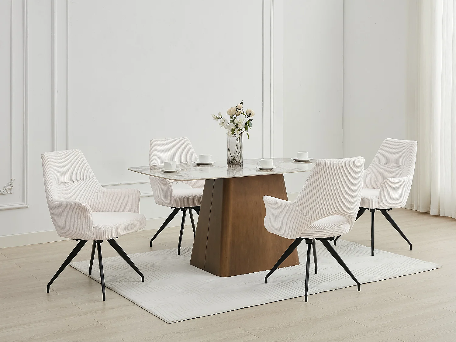 Lot de 2 chaises pivotantes avec accoudoirs en velours côtelé et métal noir - Crème - VASKIA