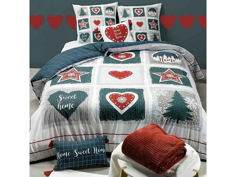Housse de couette 220x240 cm + taies d'oreiller, coton 57 fils, Home Sweet Home