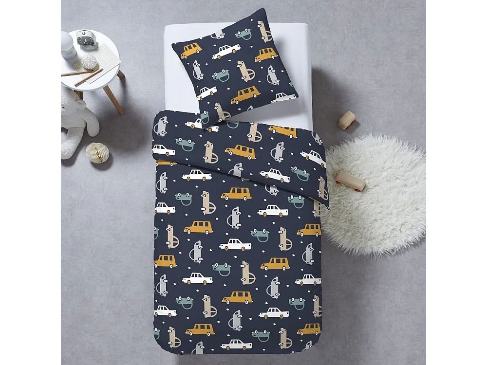 Housse de couette 140x200 cm + 1 taie 100% Coton 57 fils Auto Marine