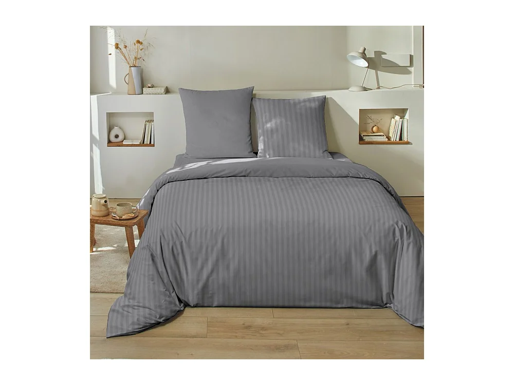 Housse de couette 240x260 cm + 2 taies 100% Satin de Coton Raye Gris