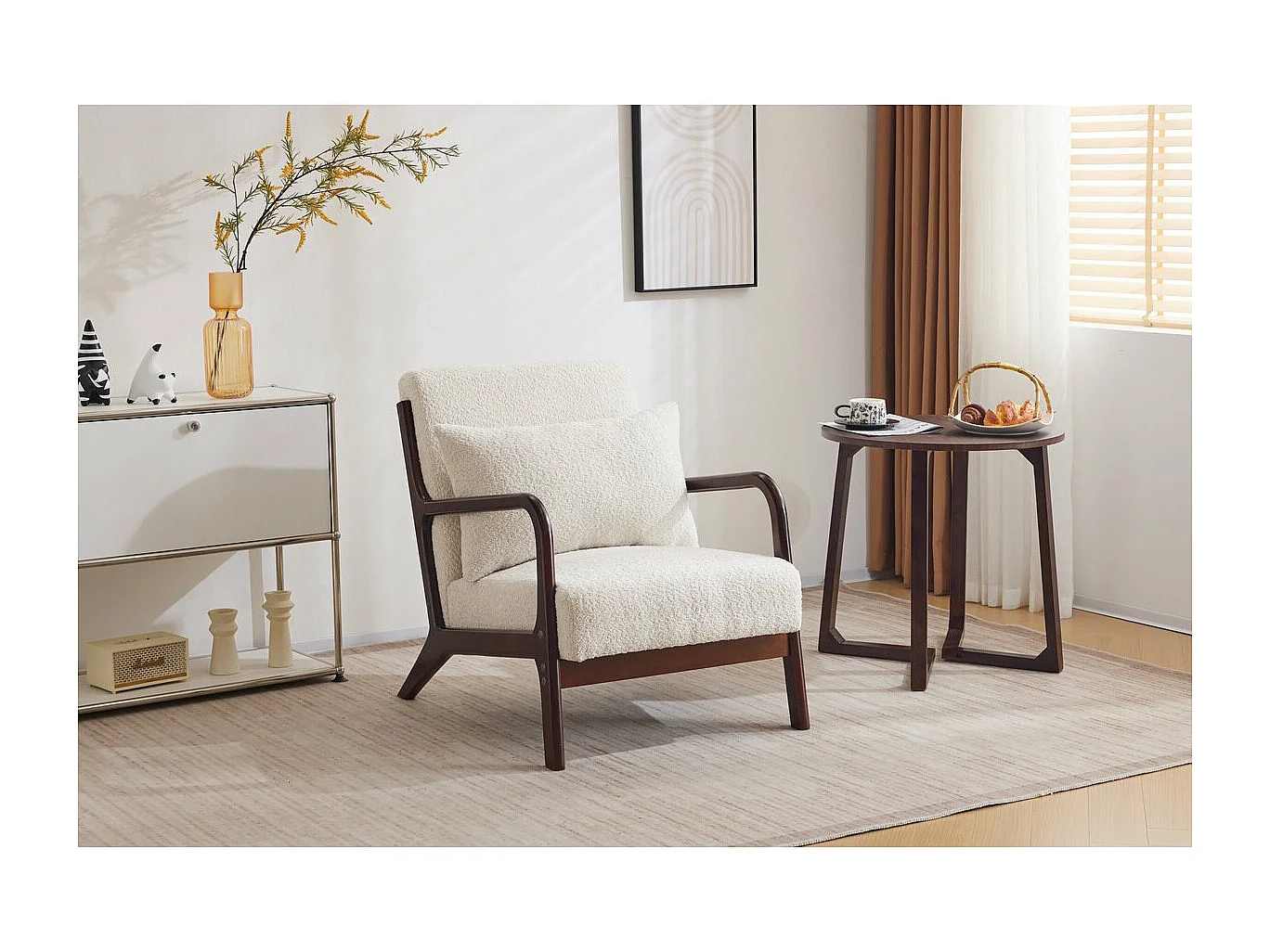 Fauteuil bouclette style scandinave en bois "Clinton"  - Blanc