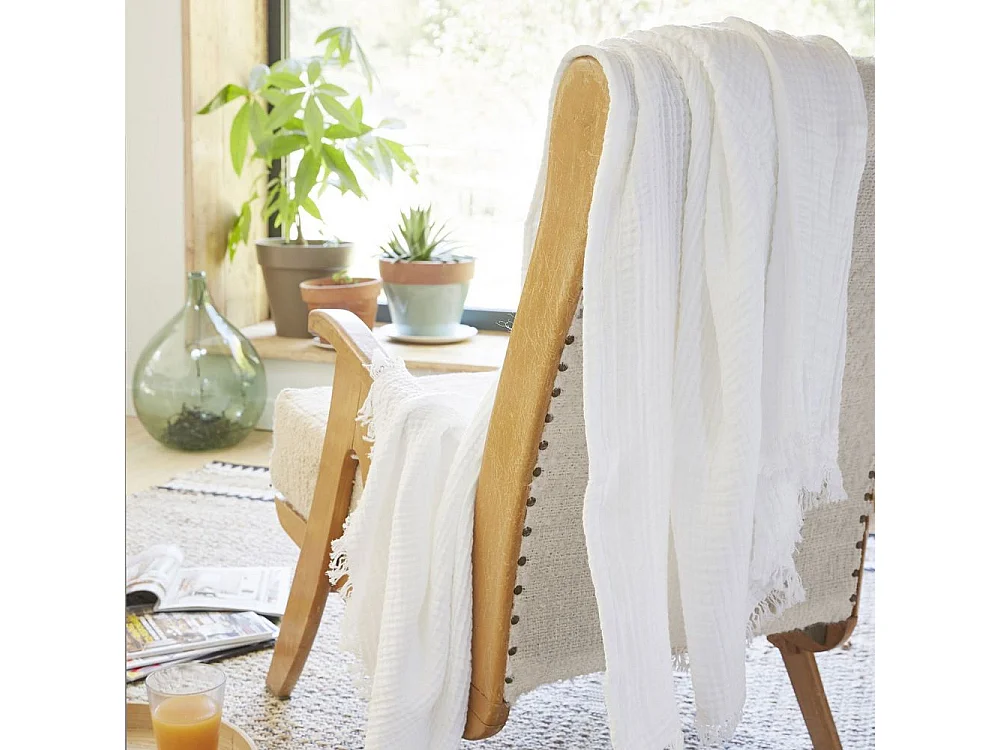 Plaid à franges 130x160 cm Gaze de coton Chantilly