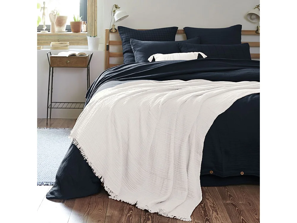 Plaid à franges 130x160 cm Gaze de coton Chantilly