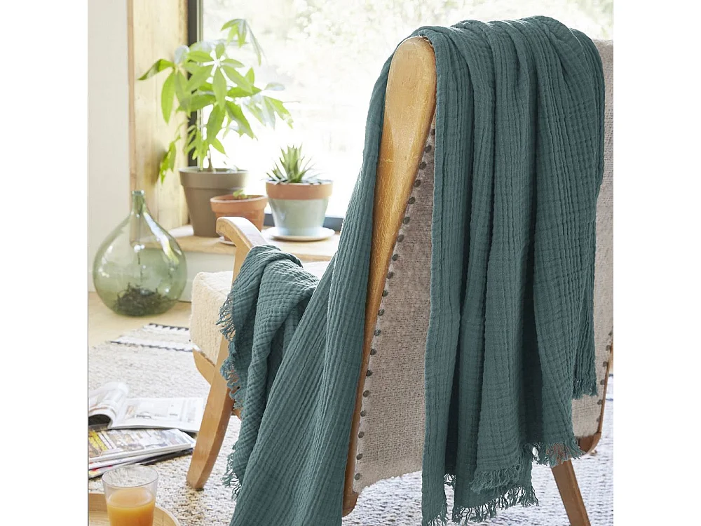 Plaid à franges 180x220 cm Gaze de coton Canard