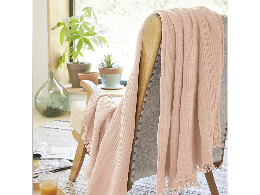 Plaid à franges 180x220 cm Gaze de coton Guimauve