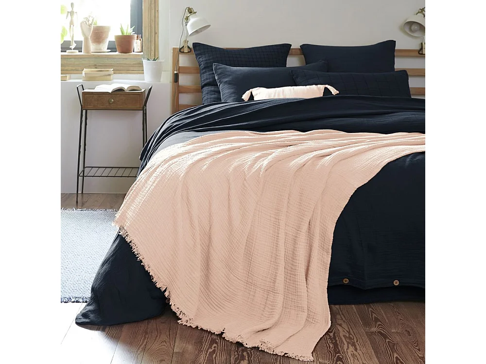 Plaid à franges 180x220 cm Gaze de coton Guimauve