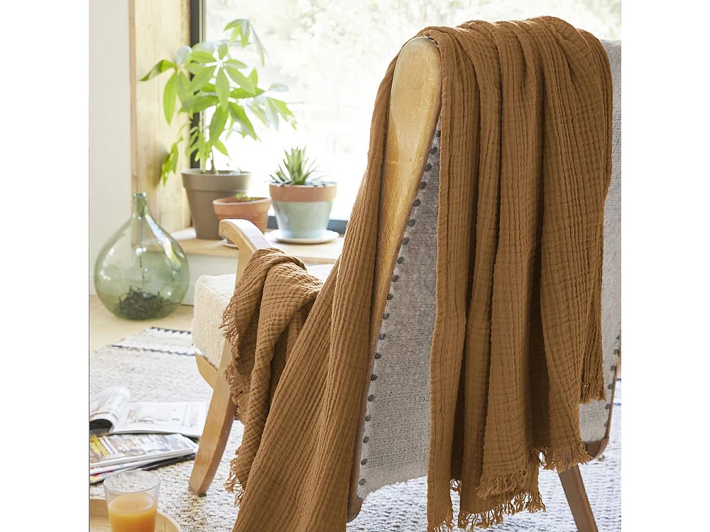 Plaid à franges 180x220 cm Gaze de coton Camel