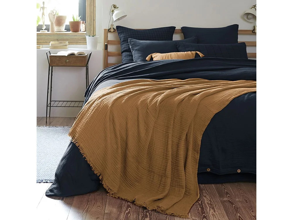 Plaid à franges 180x220 cm Gaze de coton Camel