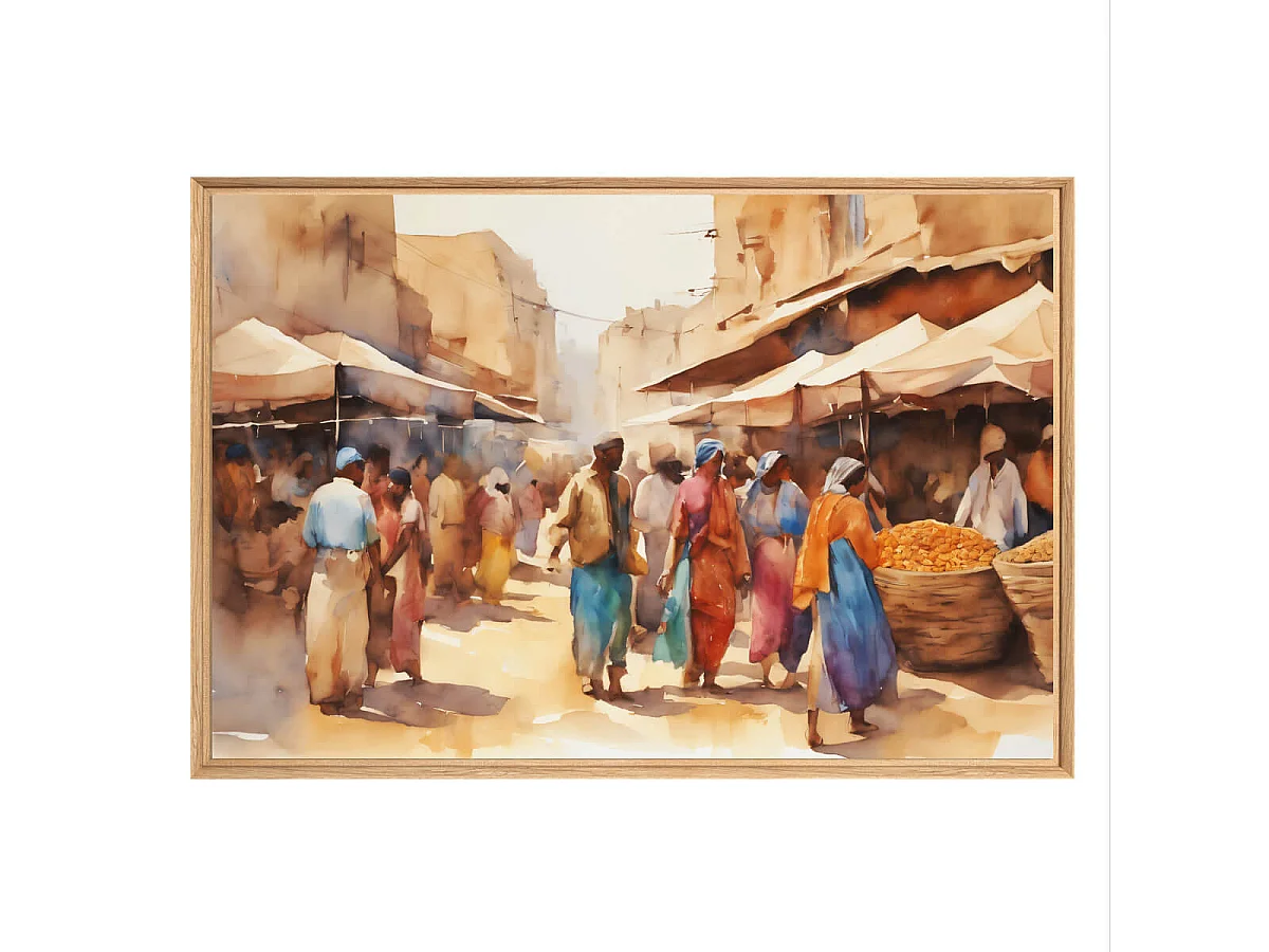 Tableau mural encadré marché aquarelle 65x97 cm