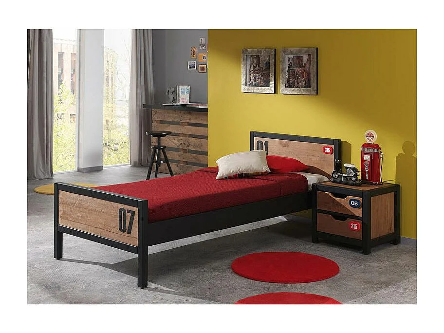 Pack - Lit Enfant & Chevet "Alex" 90x200cm Marron & Noir