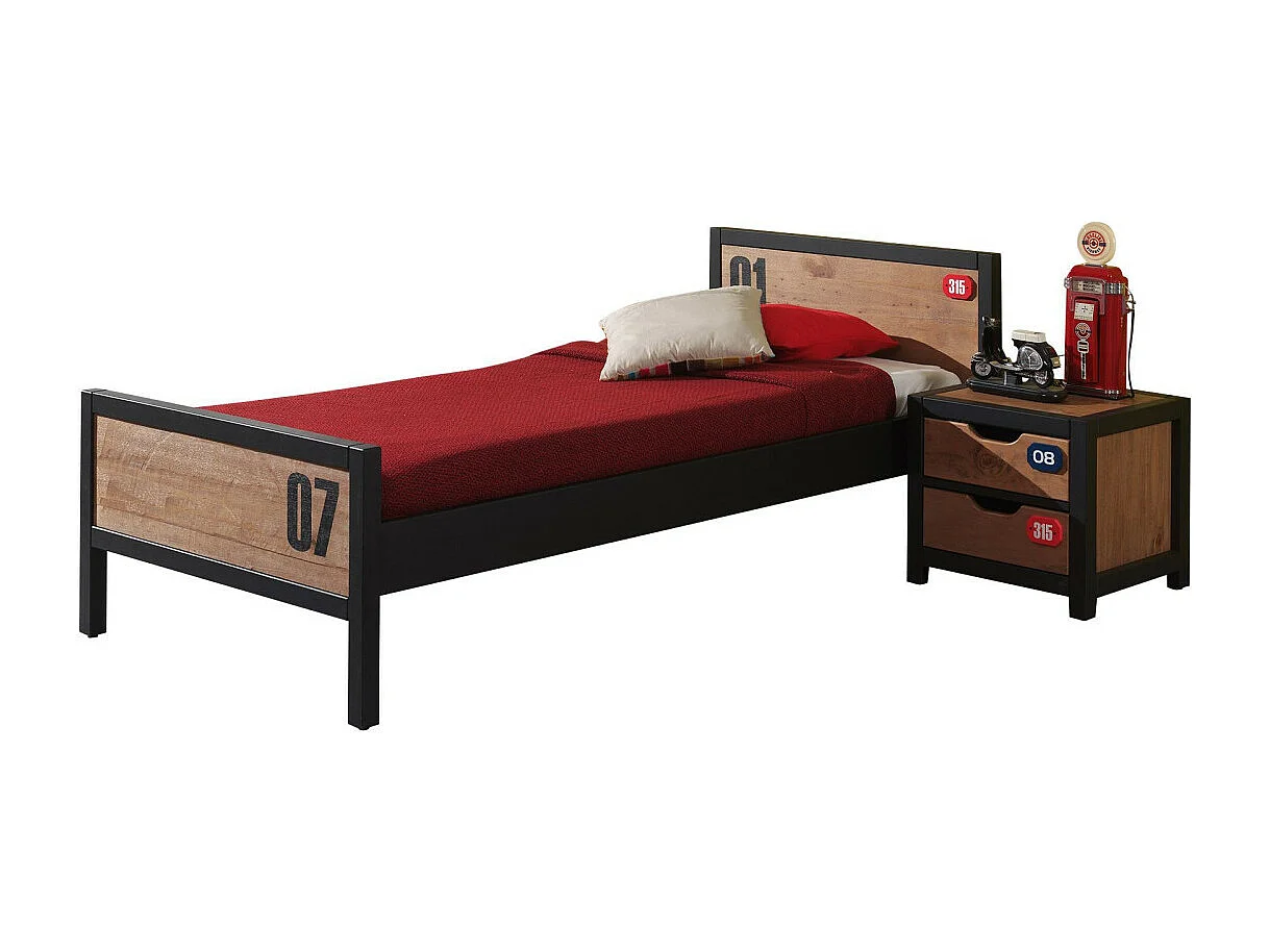 Pack - Lit Enfant & Chevet "Alex" 90x200cm Marron & Noir