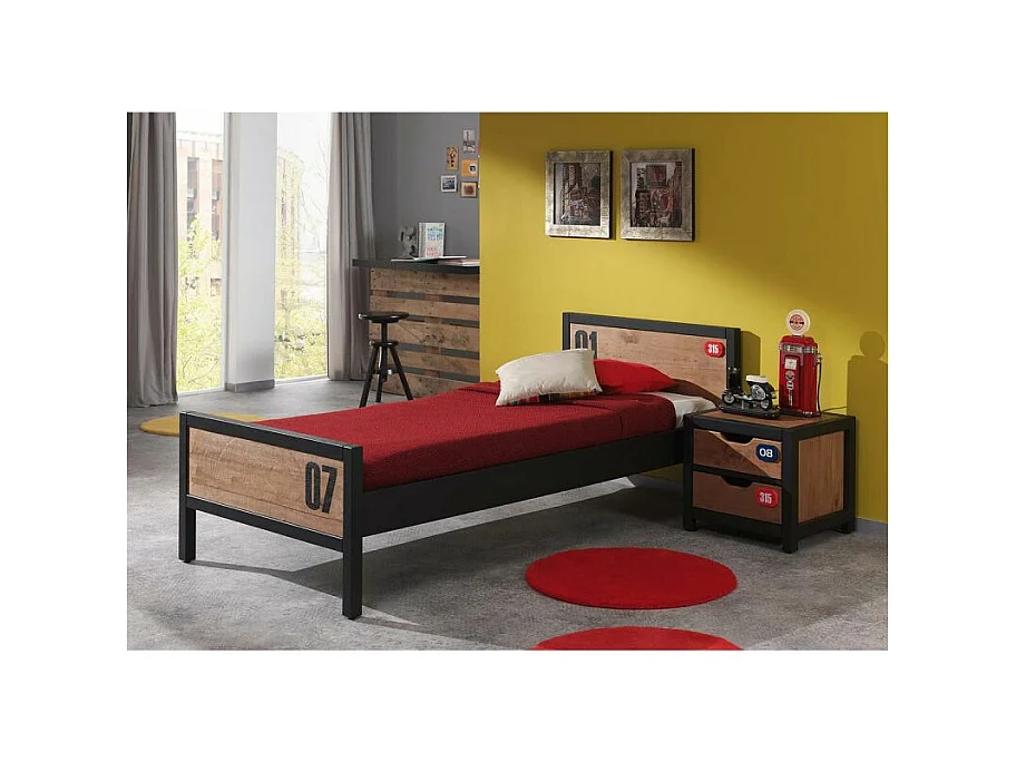 Pack - Lit Enfant & Chevet "Alex" 90x200cm Marron & Noir