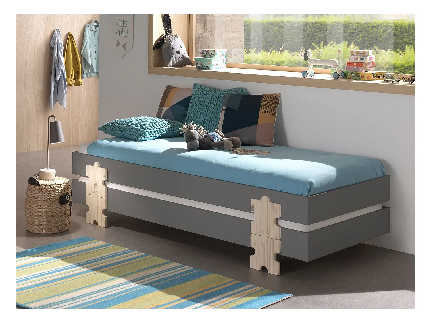 Set van 3 stapelbare bedden in massief grijs grenen en licht hout Valentino 90x200 cm