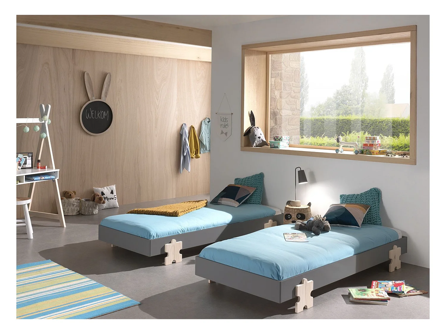 Set van 3 stapelbare bedden in massief grijs grenen en licht hout Valentino 90x200 cm