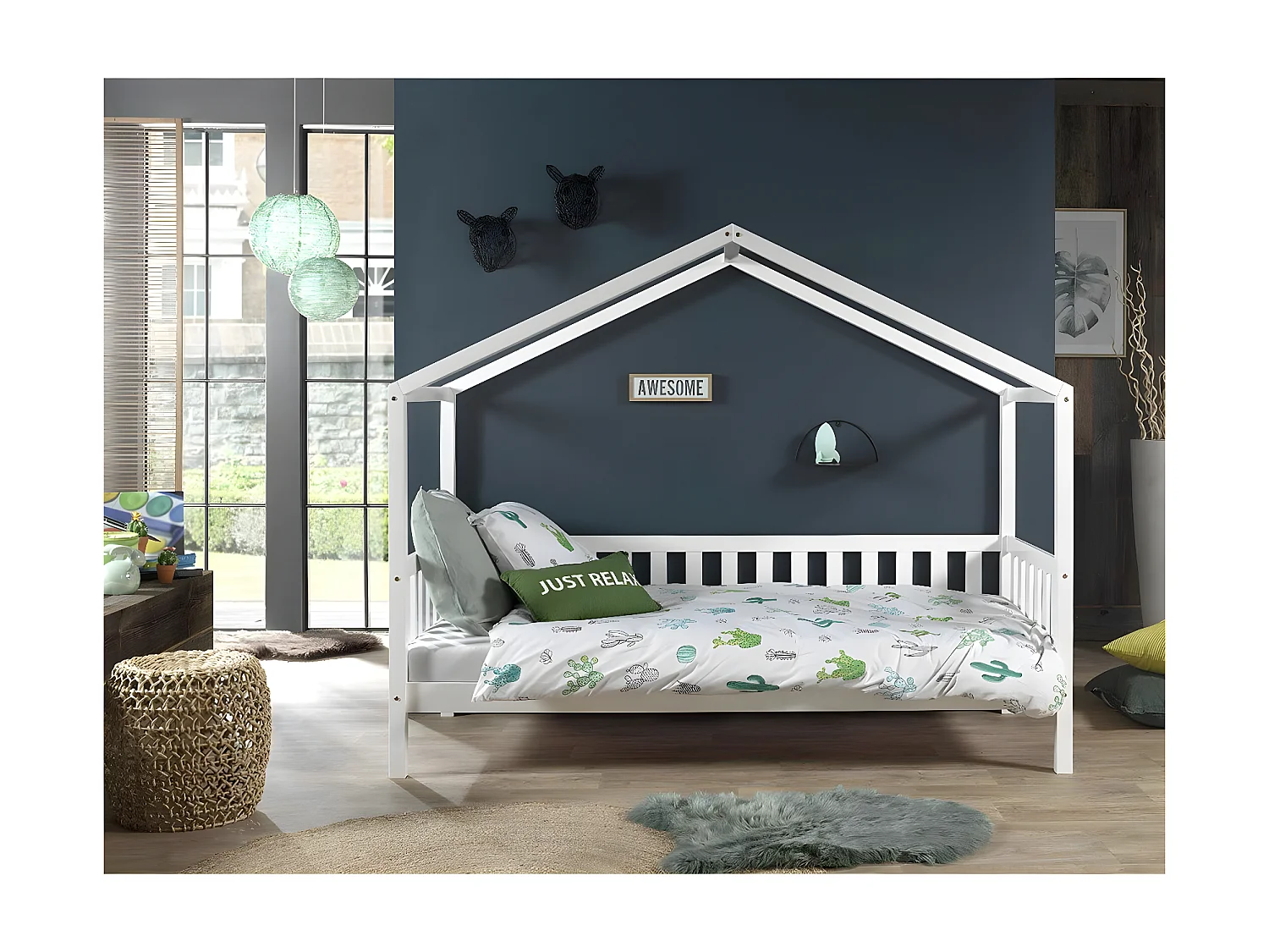 Pack - Lit Enfant Cabane & Matelas "Dallas II" 90x200cm Blanc