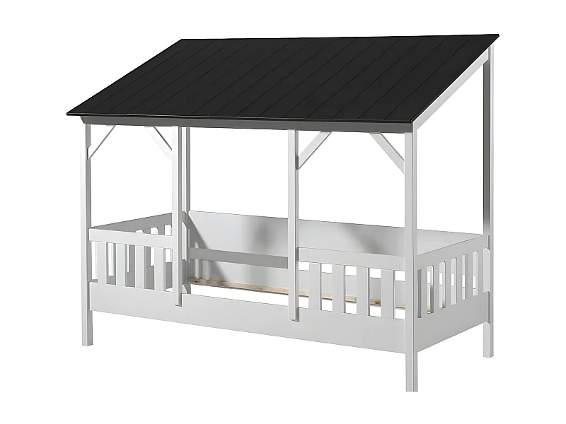 Pack - Lit Cabane Enfant, Sommier & Matelas "Housebed III" 90x200cm Blanc & Noir