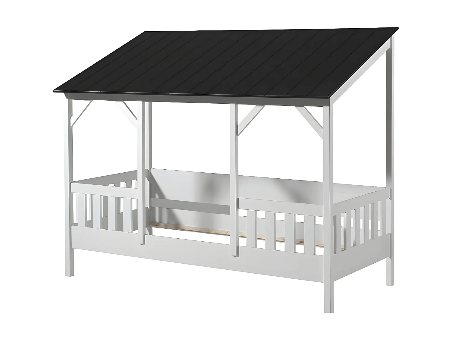 Pack - Lit Cabane Enfant, Sommier & Matelas "Housebed III" 90x200cm Blanc & Noir