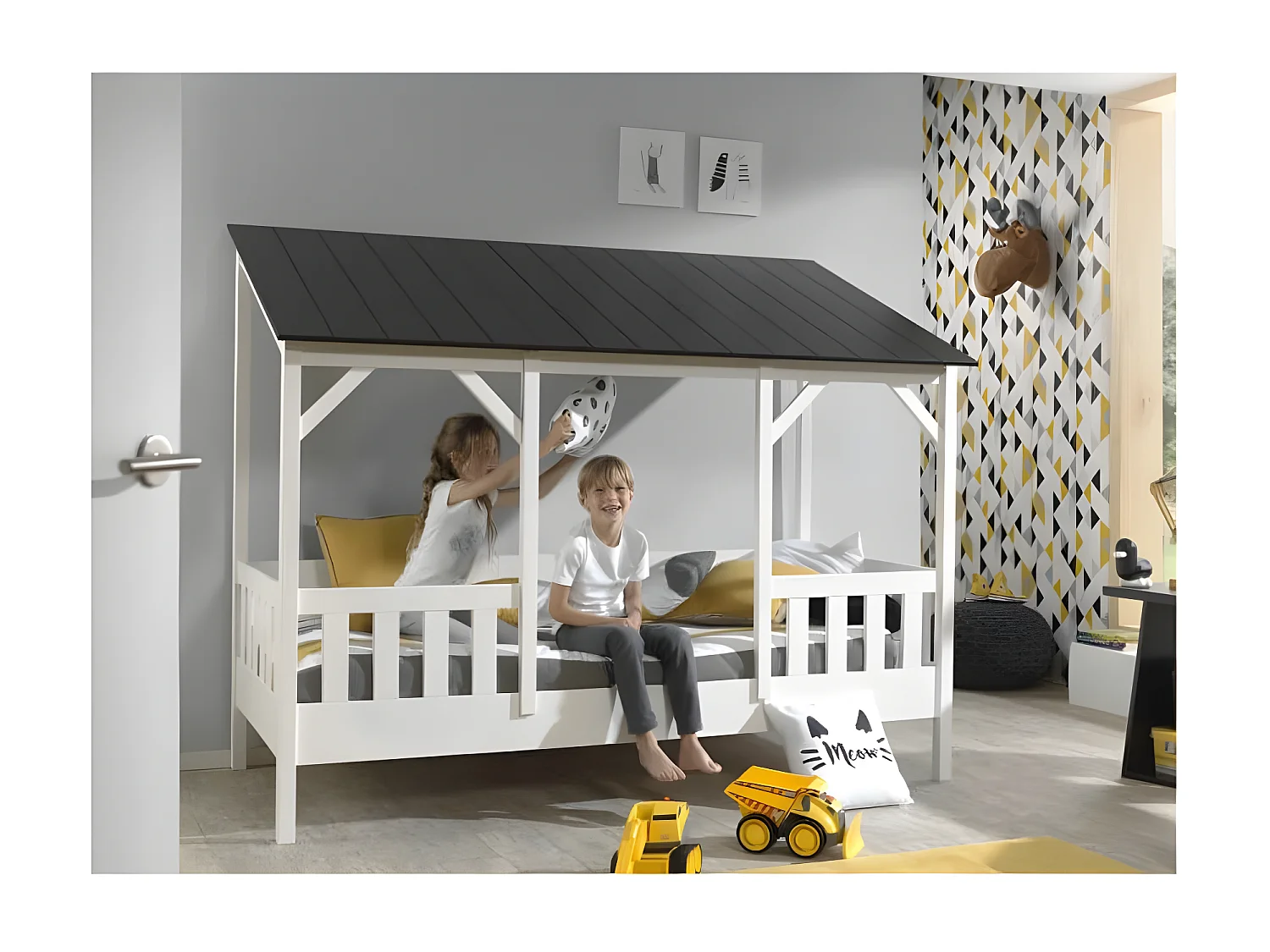 Pack - Lit Cabane Enfant, Sommier & Matelas "Housebed III" 90x200cm Blanc & Noir